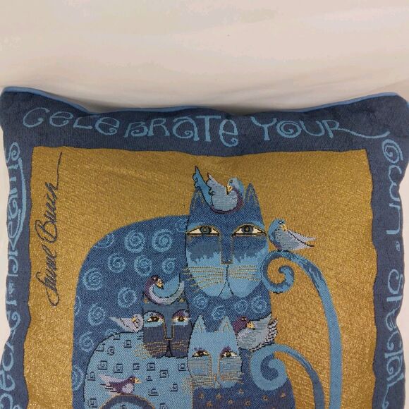 Laurel Burch Blue Indigo Cats Tapestry Throw Pillow Metallic Gold Accents 17" - Picture 5 of 13